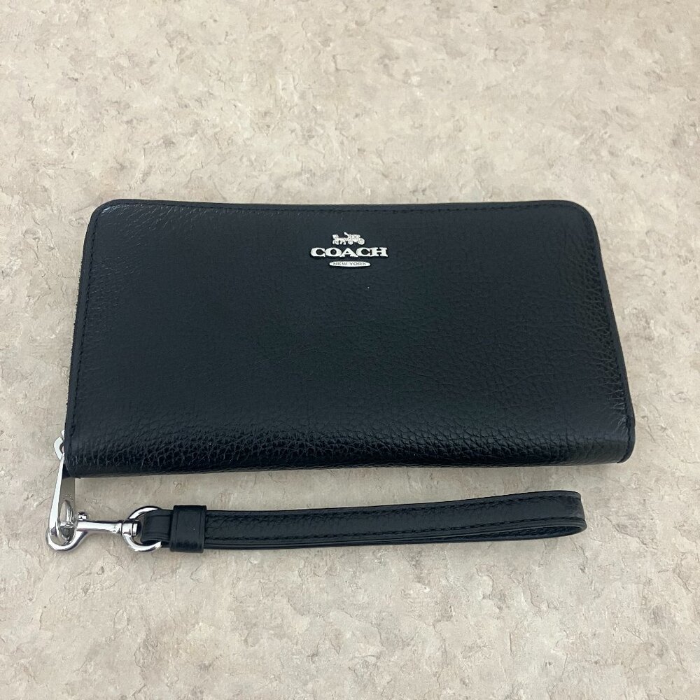 Coach Black Pebbled Leather Long Zip Around Wallet Wristlet